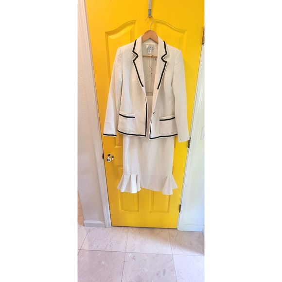 JPC Dresses & Skirts - Cream Skirt Suit with Black Contrast Trim - Feminine Ruffle Hem